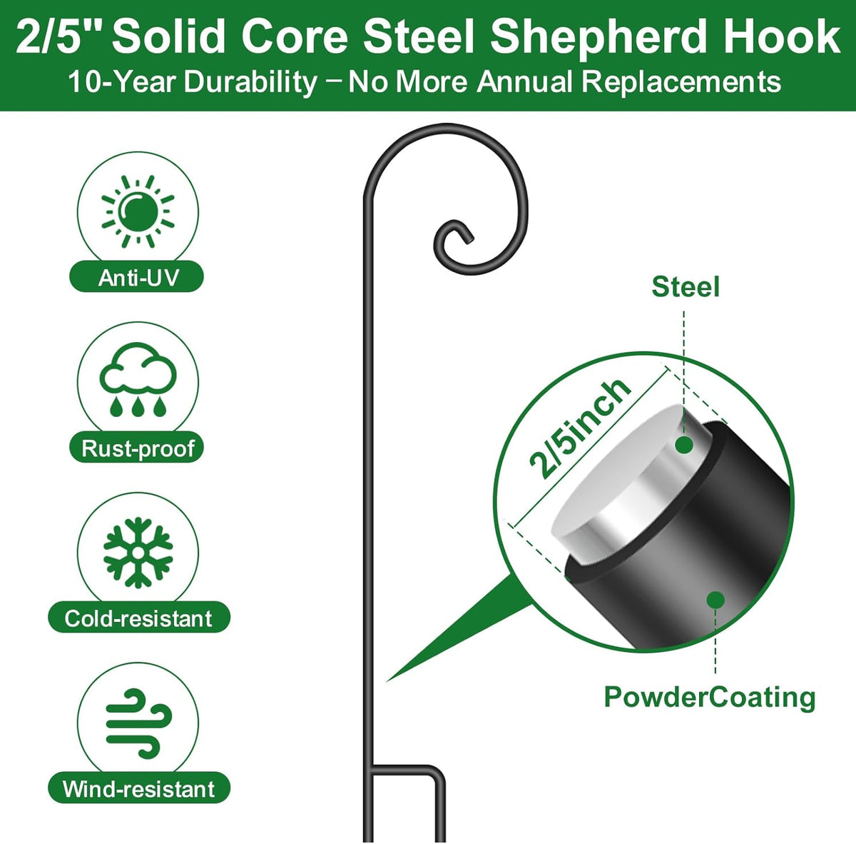 Shepherd Hook 48 Inch 2 Pack No Assembly Required 2/5 Inch Heavy Duty Solid Metal Hanging Pole for Outdoor Garden Plant,Bird Feeder,Lanterns,Wedding Decor,Plant Baskets Wind Chimes