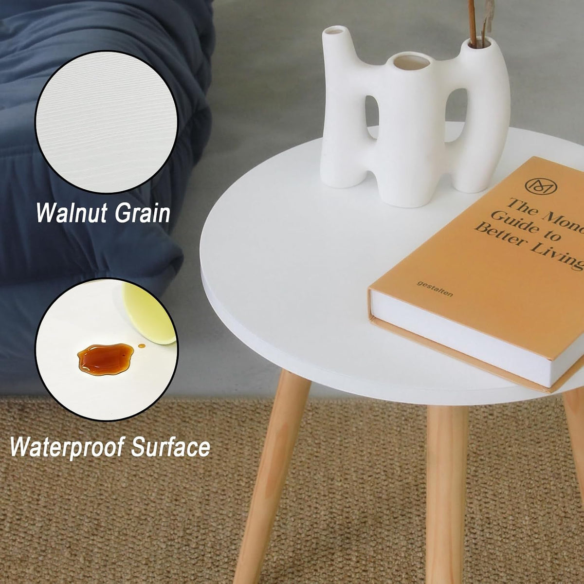 round Side Table, Small White End Table Living Room, Accent Table